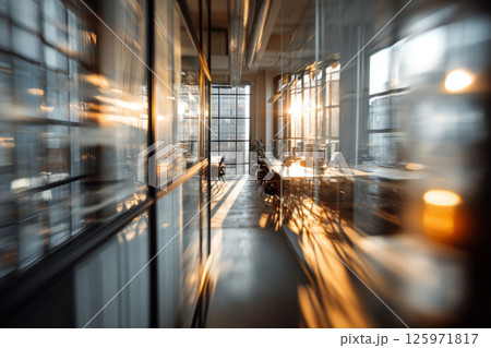 Defocused modern office interior with glass walls and warm lights 125971817