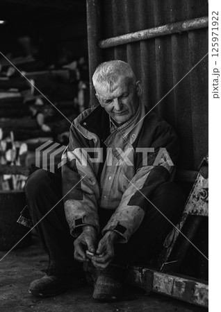 The pensioner crouches, exhausted by years of hardship. The elderly man is dressed in worn-out work clothes. The pensioner crouches, exhausted by years of hardship. The elderly man is dressed in worn-out work clothes. 125971922