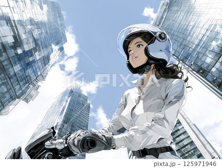スクーターで都会を走行する若い女性のイラスト素材 125971946