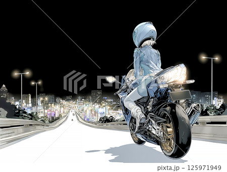スポーツバイクでナイトツーリングをする女性のイラスト素材 125971949
