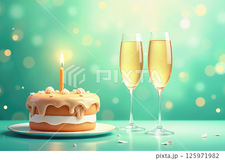 Birthday cake with champagne. 125971982