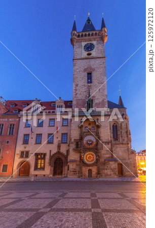 Prague Astronomical Clock and Old Town Hall Tower at Dawn, Czech Republic 125972120