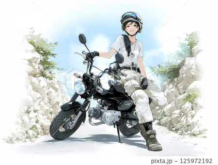 トレッキングバイクが楽しい笑顔のバイク女子のイラスト素材 トレッキングバイクが楽しい笑顔のバイク女子のイラスト素材 125972192