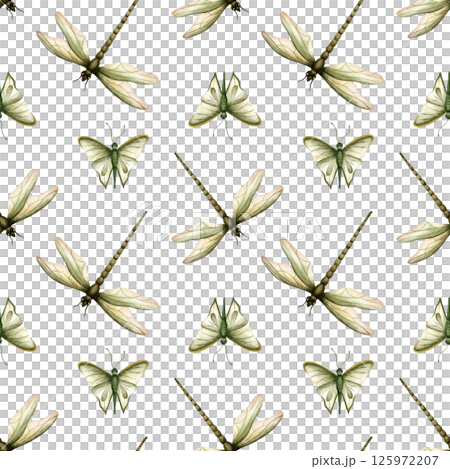 Dragonfly and butterfly seamless pattern. Summer insects Isolated watercolor illustration from background. For wrapping paper, packaging, textile, stationery, scrapbook. Vintage fauna style Dragonfly and butterfly seamless pattern. Summer insects Isolated watercolor illustration from background. For wrapping paper, packaging, textile, stationery, scrapbook. Vintage fauna style 125972207
