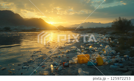 Plastic pollution washed up on shoreline during golden sunset with mountains in background. Environmental crisis concept showing water contamination impact 125972253