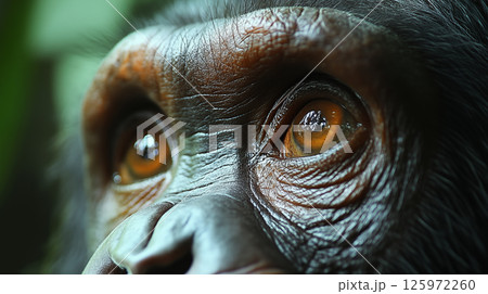 Primate eyes extreme closeup showing amber iris detail, wildlife conservation and endangered species concept, connection with nature 125972260