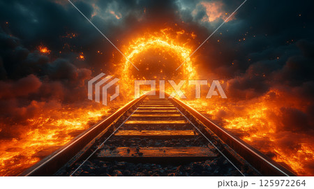 Railroad tracks leading to fiery portal with burning ring of fire, climate change concept of global warming disaster 125972264