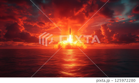Rocket launch over ocean at sunset with...のイラスト素材 [125972280] - PIXTA
