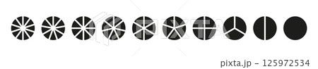 Set of pie, pizza charts. Circle division on from 1 to 10 equal parts. Segmented black charts. Many number of sectors divide the circle. Segments infographic collection. Diagram wheel parts. 125972534