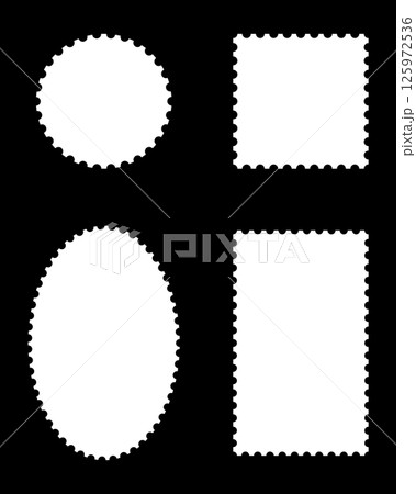 Postage stamp frames mockups set. Empty borders, backdrops for postcard, letter. Blank circle, rectangular white vintage stamps. Tags, labels, coupons, boxes with curvy, wiggly, wavy perforated edges. 125972536