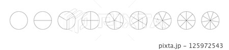 Circle division on from 1 to 9 equal parts. Round divided diagrams with from one to nine segments. Set of infographic icon. Coaching blank. Pizza, pie chart. Segmented pinwheel black. Outline graphics 125972543