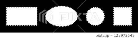 Postage stamp frame patterns set. Blank rectangular, circle vintage stamps. Backdrops for postcards, letters. Empty flat borders. Tags, labels, coupons, boxes with curvy, wiggly, wavy perforated edges 125972545