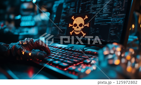 Cybersecurity threat display on illuminated keyboard, digital crime prevention concept 125972802