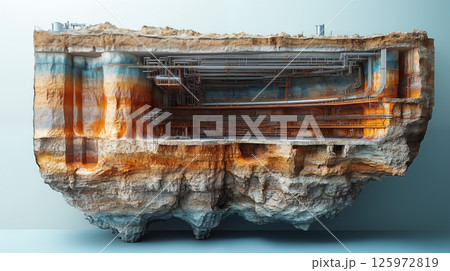 Underground industrial pipeline infrastructure revealed in geological cross-section. Detailed view of subterranean engineering networks for industrial applications 125972819