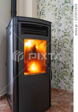 Vertical shot of a modern pellet stove in full operation with a large flame and a very dirty door window. Renewable and sustainable energy, ecological heat Vertical shot of a modern pellet stove in full operation with a large flame and a very dirty door window. Renewable and sustainable energy, ecological heat 125972820