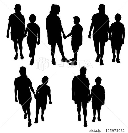 Set of silhouettes of adult woman holding hands with a child Set of silhouettes of adult woman holding hands with a child 125973082