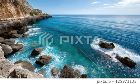 Rocky coastline with turquoise sea under clear sky Rocky coastline with turquoise sea under clear sky 125973135