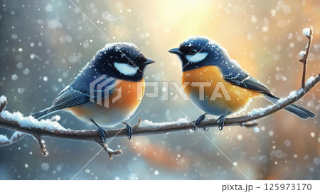Birds on snowy branch 125973170