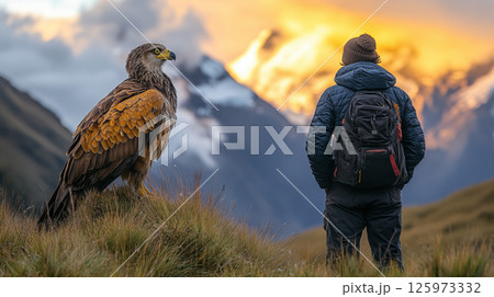 Eagle perched beside hiker watching mountain sunset, wildlife adventure tourism concept for outdoor exploration and nature conservation 125973332