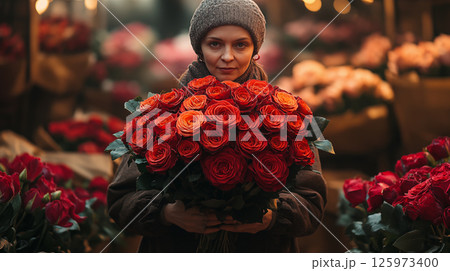 Woman holding bouquet of red roses at flower market, winter fashion portrait 125973400