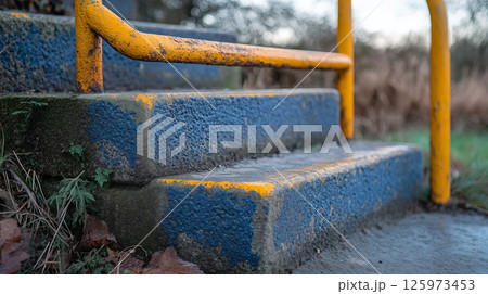 Concrete steps with yellow metal handrail outdoors in park, weathered public stairway with blue paint and moss 125973453