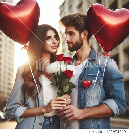 A romantic couple enjoys a sunny city stroll, holding heart-shaped balloons and a bouquet of roses, symbolizing love and affection 125973649