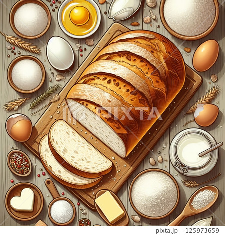 A delicious freshly baked loaf of bread is surrounded by baking ingredients on a rustic wooden table 125973659