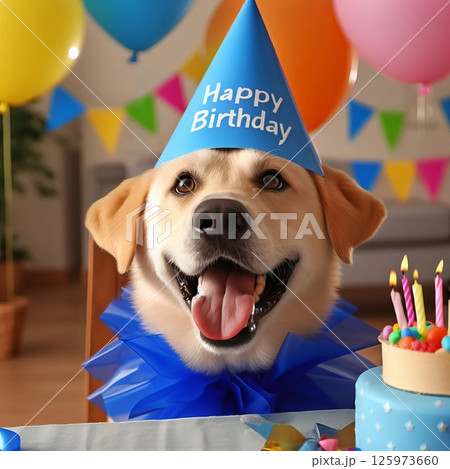 A happy golden retriever dog celebrates its birthday wearing a party hat and blue bow, enjoying a delicious cake 125973660
