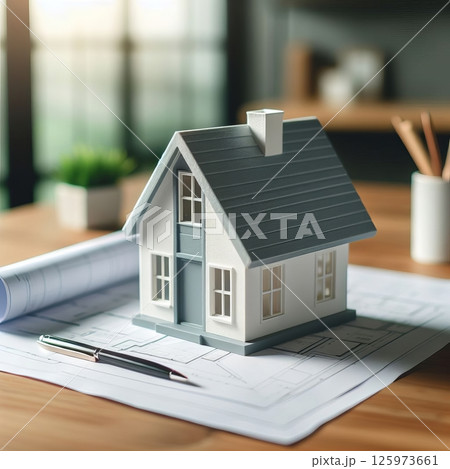A model house sits on architectural blueprints, alongside a pen, signifying home design and construction planning 125973661