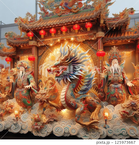 Ornate Chinese dragon float features vibrant carvings, red lanterns, and deities, showcasing rich cultural artistry Ornate Chinese dragon float features vibrant carvings, red lanterns, and deities, showcasing rich cultural artistry 125973667