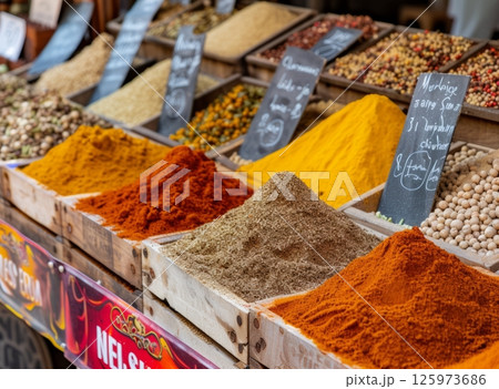 A vibrant display of colorful spices in wooden crates at a bustling market, showcasing a variety of textures and aromas 125973686