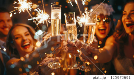 Friends celebrate New Year's Eve with sparkling wine and sparklers, toasting to the new year 125973691