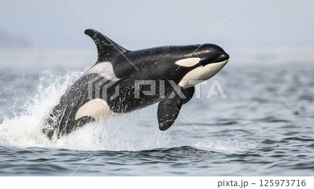A powerful orca leaps gracefully from the ocean, creating a dramatic splash 125973716