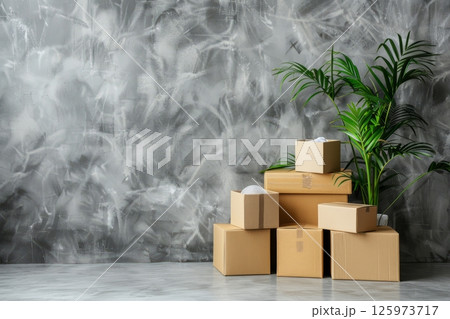 Stacked cardboard boxes ready for moving, next to a potted houseplant against a textured gray wall 125973717