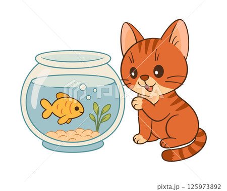 Cute ginger tabby cat curiously looks at goldfish inside the aquarium. 125973892