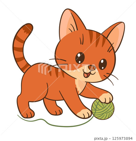 Kitten playing with ball of yarn. Cute ginger tabby kitten in Flat style Chibi cat 125973894