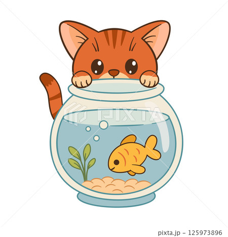 Cute ginger tabby cat curiously looks at goldfish inside the aquarium. 125973896