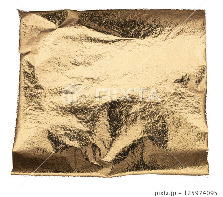 Crumpled square sheet of metallic gold foil with deep folds and textured reflections, offering a 125974095