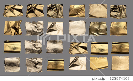 Gold and silver foil with a crumpled, metallic texture creates an abstract, glamorous design. Torn 125974105