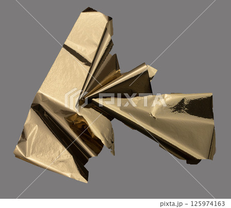 Golden foil folded into sharp, angular geometric shapes creates a modern, abstract design. 125974163
