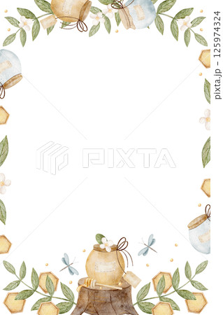 Frame watercolor illustration jar, honey pot, honeycomb in chamomile flowers, leaves, dragonfly. Hand drawn illustration childish template vertical for design postcard, product label, food, place text 125974324