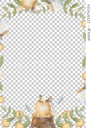 Frame watercolor illustration jar, honey pot, honeycomb in chamomile flowers, leaves, dragonfly. Hand drawn illustration childish template vertical for design postcard, product label, food, place text 125974324