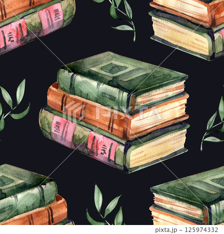 Seamless pattern with watercolor old books. Repeat ornament isolated on background. Open and stack of books clipart brown green colors. Vintage old textbooks hand drawn 125974332
