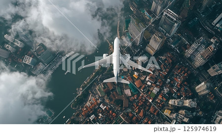A white airplane is flying over a city with tall buildings and a body of water 125974619