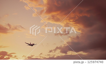 A plane is flying through a cloudy sky at sunset 125974740
