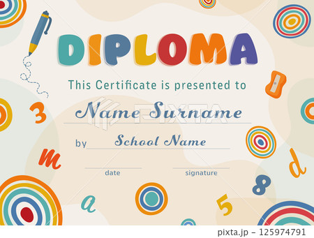 Kindergarten diploma certificate template with school supplies numbers and letters Kindergarten diploma certificate template with school supplies numbers and letters 125974791
