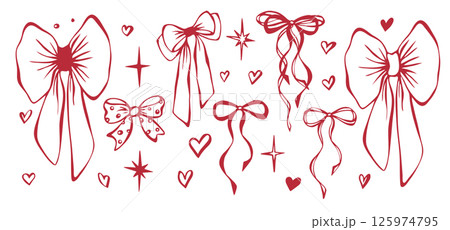 Red bows, stars and whimsical hearts. Set of isolated objects EPS vector. Line art hand-drawn illustration. Coquette core. Contours, silhouettes. Elements for romantic invitation and greeting card 125974795