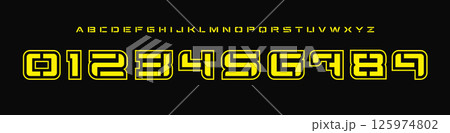 Stencil Cyberpunk Number Font, Geometric Sci-fi Alphabet for gaming UI, cyberpunk brand, futuristic scoreboards. Perfect for esports, racing, tactical game HUD, Youth Team Jersey. Vector Illustration. Stencil Cyberpunk Number Font, Geometric Sci-fi Alphabet for gaming UI, cyberpunk brand, futuristic scoreboards. Perfect for esports, racing, tactical game HUD, Youth Team Jersey. Vector Illustration. 125974802