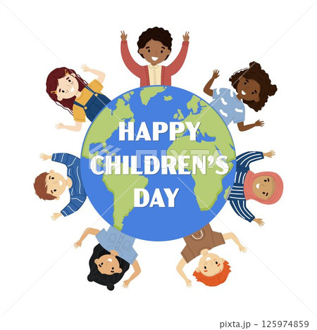 Happy Children's Day celebration banner. An illustration of the planet Earth and a group of kids of different race and culture. Happy Children's Day celebration banner. An illustration of the planet Earth and a group of kids of different race and culture. 125974859