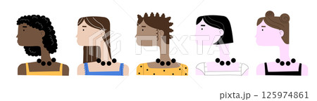 An illustration of a multicultural group of women. A set of female heads. 125974861